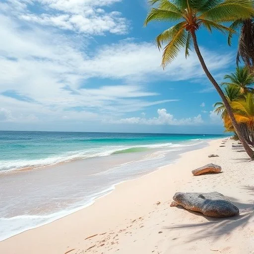Vibrant exotic tropical foliage with a distant beach background.